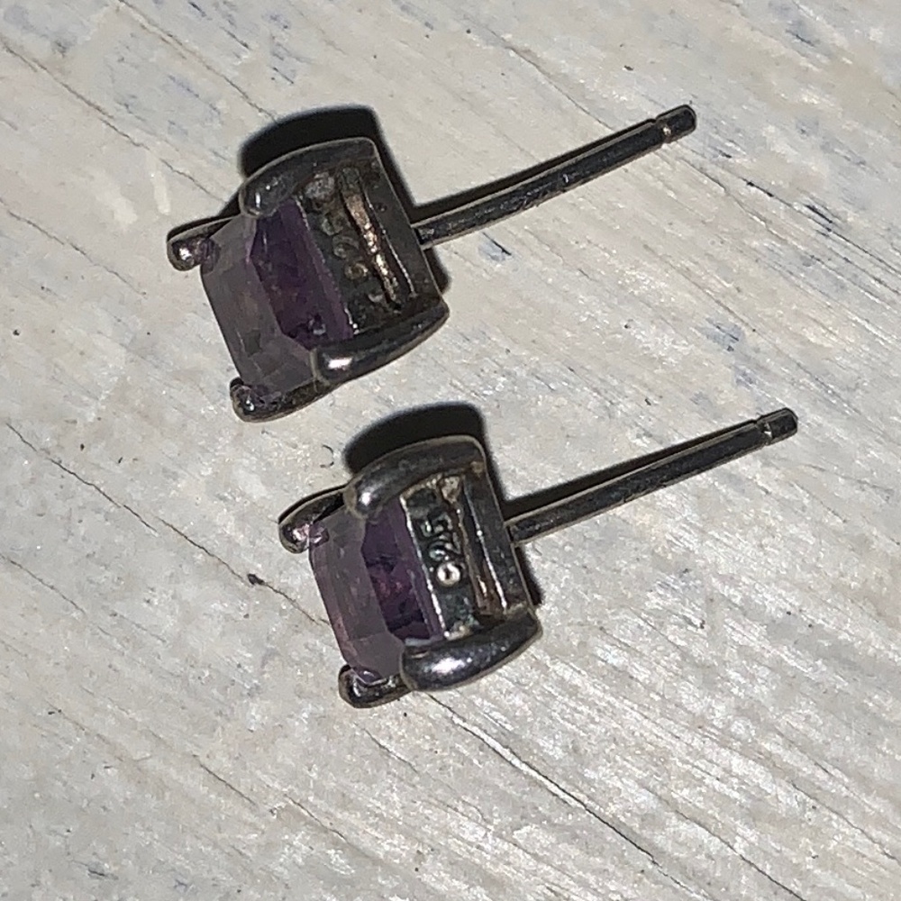 Vintage 925 Amethyst Post Earrings Emerald Cut Quality Stones - Picture 3 of 7